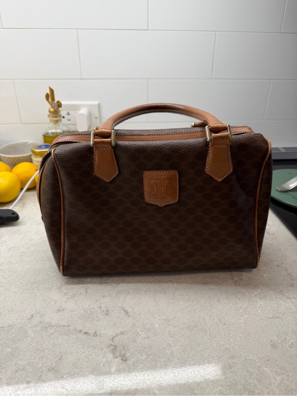 Celine Brown Coated Canvas Toiletry Tote with Leather Trim